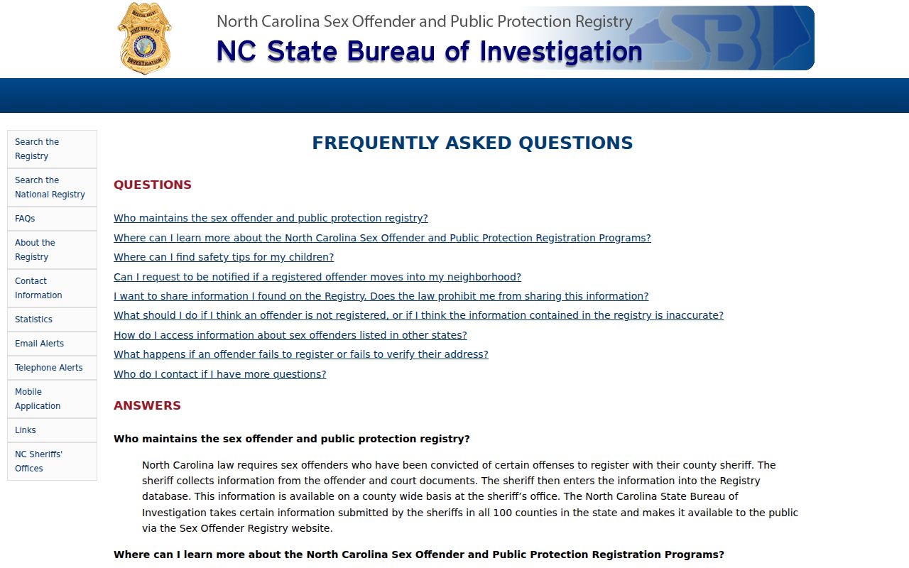 Perquimans County sex offender registry FAQ on identity and data limits